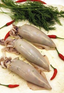 Nhồi thịt và con mực và dùng tăm xiên lại